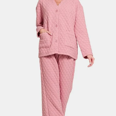 Quilted Button Up Long Sleeve Top and Pants Lounge Set - Dusty Pink