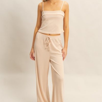 Rib Knit Cami Top and Pants Set - Almond