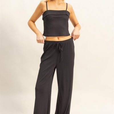 Rib Knit Cami Top and Pants Set - Black