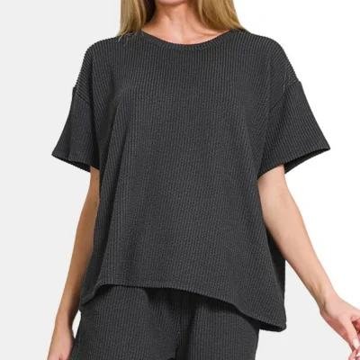 Rib Short Sleeve T-Shirt and Shorts Set - Black