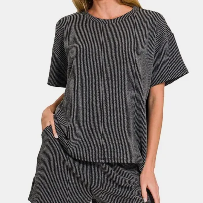 Rib Short Sleeve T-Shirt and Shorts Set - Dark Gray