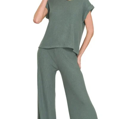 Rolled Sleeve Top and Pants Sweater Set - Ash Jade