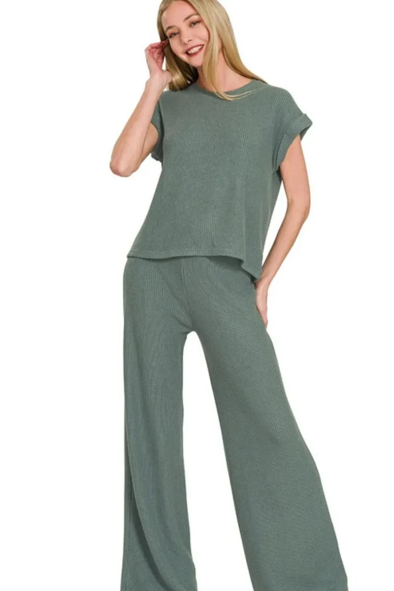 Rolled Sleeve Top and Pants Sweater Set - Ash Jade
