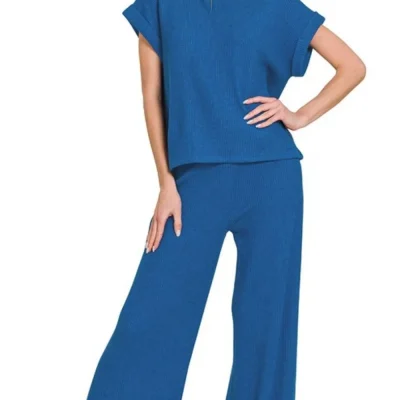 Rolled Sleeve Top and Pants Sweater Set - Classic Blue