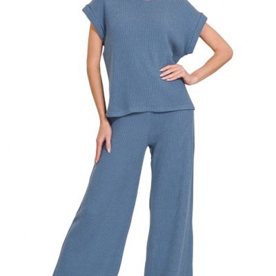 Rolled Sleeve Top and Pants Sweater Set - Dusty Blue