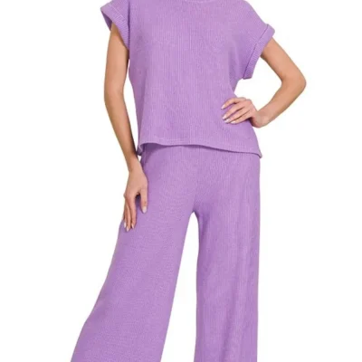 Rolled Sleeve Top and Pants Sweater Set - Lavender