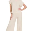 Rolled Sleeve Top and Pants Sweater Set - Sand Beige