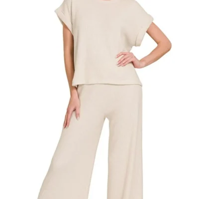 Rolled Sleeve Top and Pants Sweater Set - Sand Beige