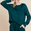 Round Neck Raglan Sleeve Top and Drawstring Pants Lounge Set - Hunter Green