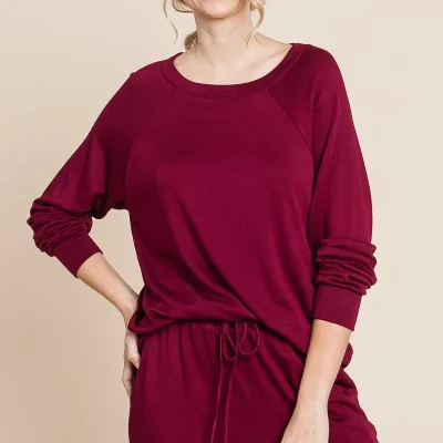 Round Neck Raglan Sleeve Top and Pants Lounge Set - Burgundy