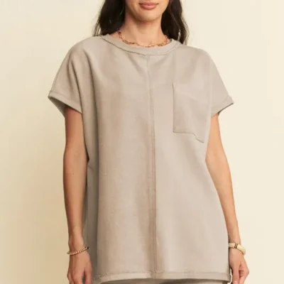 Round Neck Short Sleeve Top and Pants Set - Khaki