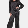 Satin Long Sleeve Shirt and Pants Pajama Set - Black