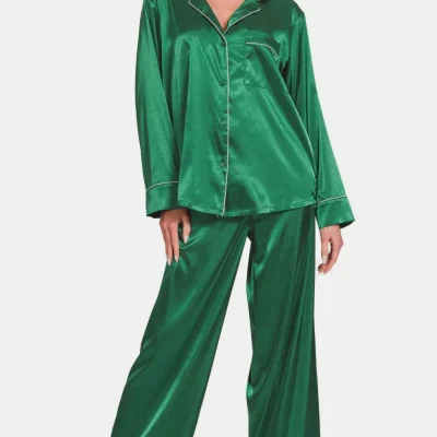 Satin Long Sleeve Shirt and Pants Pajama Set - Hunter Green