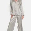 Satin Long Sleeve Shirt and Pants Pajama Set - Silver