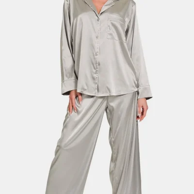 Satin Long Sleeve Shirt and Pants Pajama Set - Silver