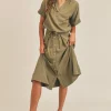 Short Sleeve Top and Button Down Midi Skirt Set - Olive