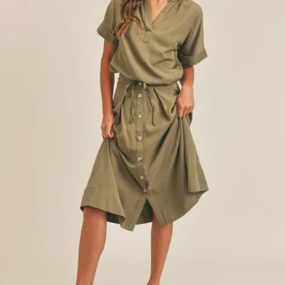 Short Sleeve Top and Button Down Midi Skirt Set - Olive