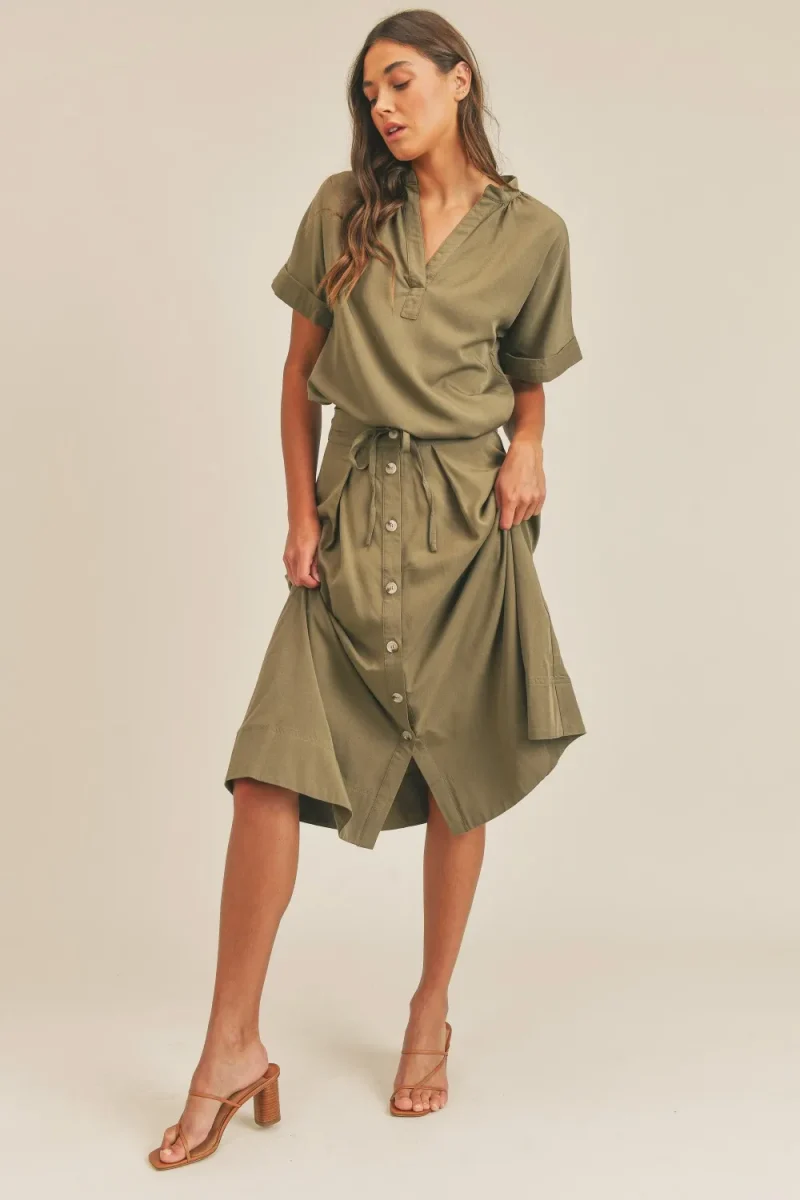 Short Sleeve Top and Button Down Midi Skirt Set - Olive
