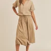 Short Sleeve Top and Button Down Midi Skirt Set - Taupe