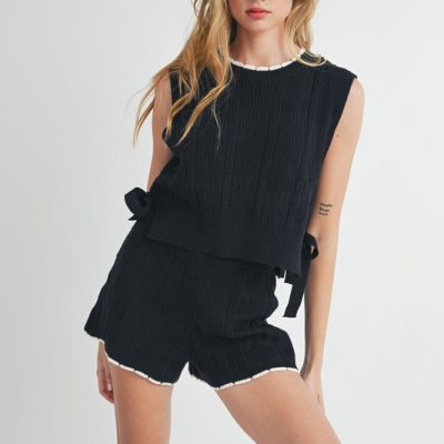 Side Tie Detail Knit Vest and Shorts Set - Black