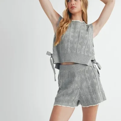 Side Tie Detail Knit Vest and Shorts Set - Gray