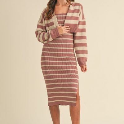 Stripe Crop Cardigan and Bodycon Dress Sweater Set - Red Bean Multi