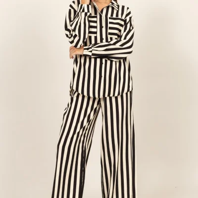 Striped Button Up Shirt and Pants Set - Black