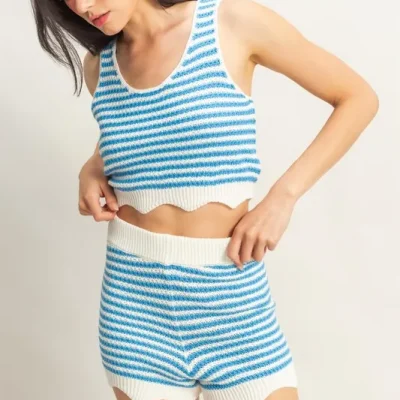 Striped Cropped Tank and Shorts Set -    Blue/Cream