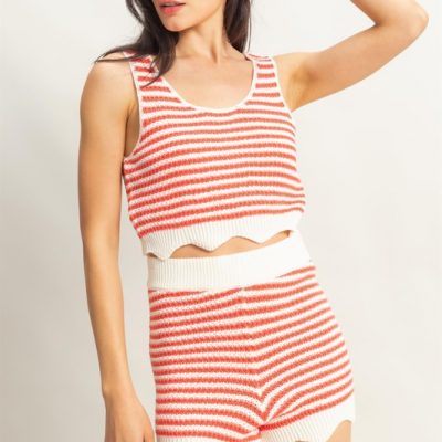 Striped Cropped Tank and Shorts Set - Coral/Cream