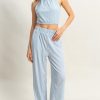 Striped Halter Neck Top and Pants Set - Blue/White
