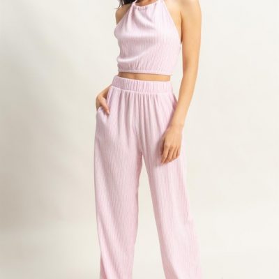 Striped Halter Neck Top and Pants Set - Pink/White