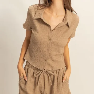Textured Short Sleeve Top and Drawstring Shorts Knit Set - Camel
