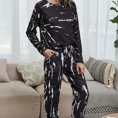 Tie-Dye Round Neck Top and Drawstring Waist Joggers Lounge Set - Black