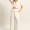 Twisted Front Short Sleeve Top and Wide Leg Pants Set - Off White
