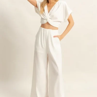 Twisted Front Short Sleeve Top and Wide Leg Pants Set - Off White