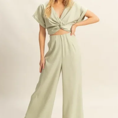 Twisted Front Short Sleeve Top and Wide Leg Pants Set - Sage