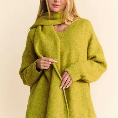 V-Neck Dropped Shoulder Sweater with Scarf - Chartreuse