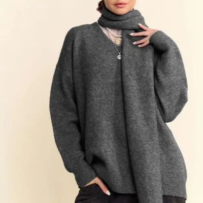 V-Neck Dropped Shoulder Sweater with Scarf Set - Dark Gray