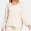 V-Neck Long Sleeve Ribbed Top and Shorts Set - Beige