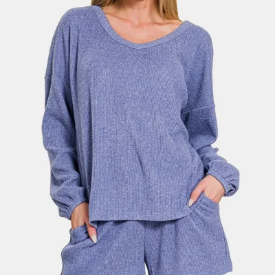V-Neck Long Sleeve Ribbed Top and Shorts Set - Blue Purple