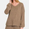 V-Neck Long Sleeve Ribbed Top and Shorts Set - Camel