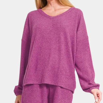 V-Neck Long Sleeve Ribbed Top and Shorts Set - Red-Violet