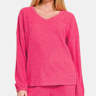 V-Neck Long Sleeve Ribbed Top and Shorts Set - Strawberry