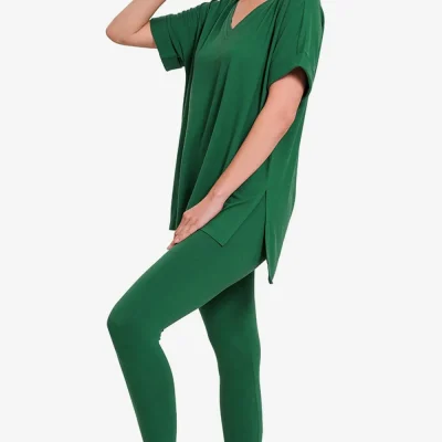 V-Neck Rolled Short Sleeve T-Shirt and Leggings Lounge Set - Dk Green