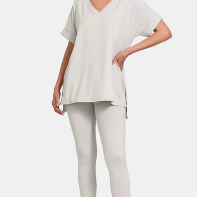 V-Neck Rolled Short Sleeve T-Shirt and Leggings Lounge Set - Lt Cement