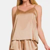 V-Neck Satin Cami and Elastic Waist Shorts Lounge Set - Brush