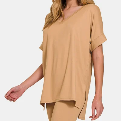 V-Neck Short Sleeve T-Shirt and Biker Shorts Set - Dk Brush