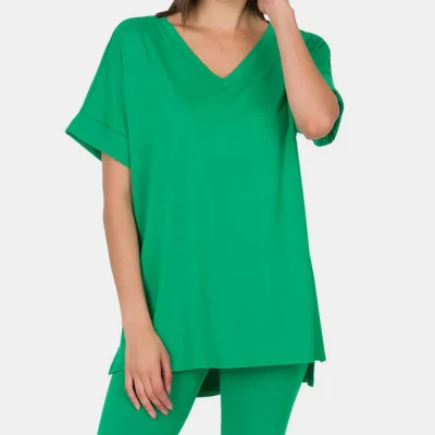 V-Neck Short Sleeve T-Shirt and Biker Shorts Set - Green