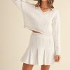 V-Neck Varsity Crop Knit Sweater and Skirt Set - White