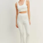 Waffle Tank and High Waist Flare Pants Set - White